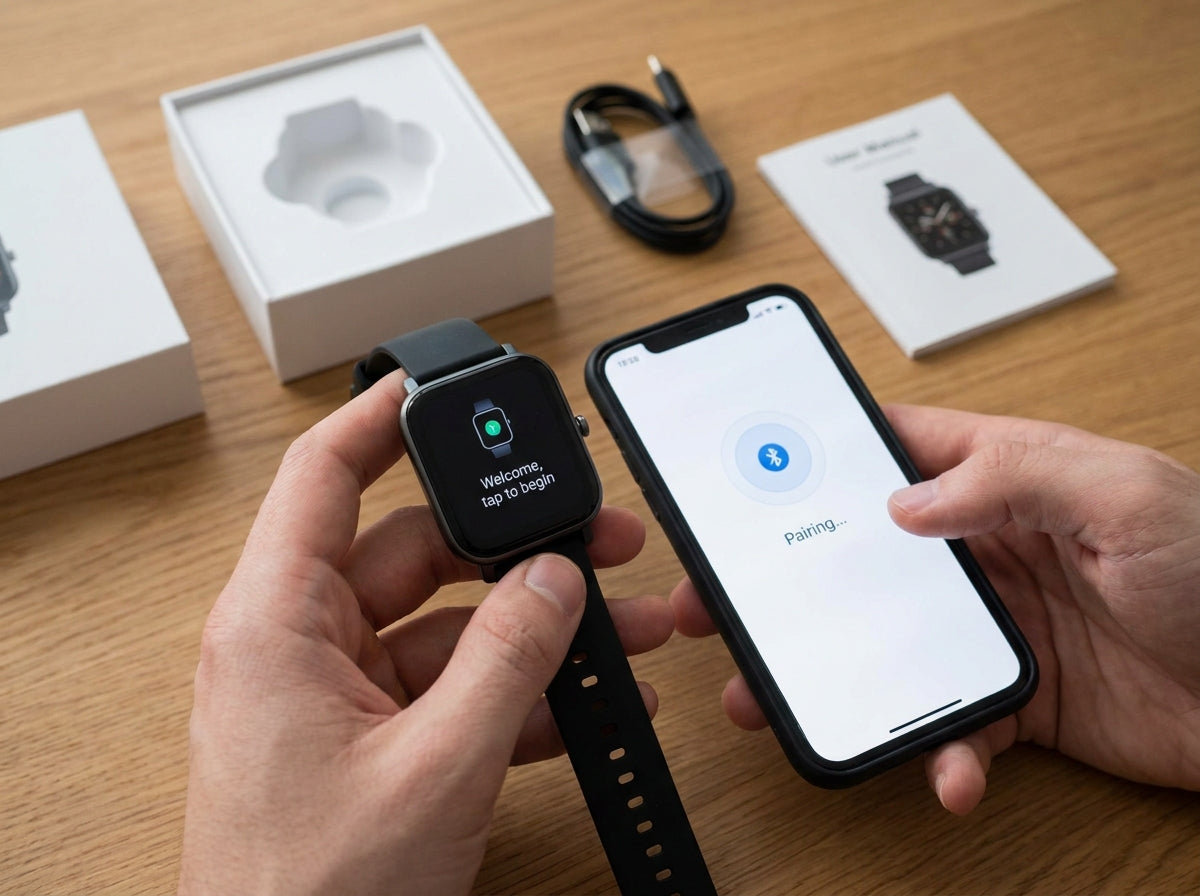 Hands holding a smartwatch displaying a welcome message alongside a smartphone showing a Bluetooth pairing screen during device setup with unboxing accessories on a wooden table