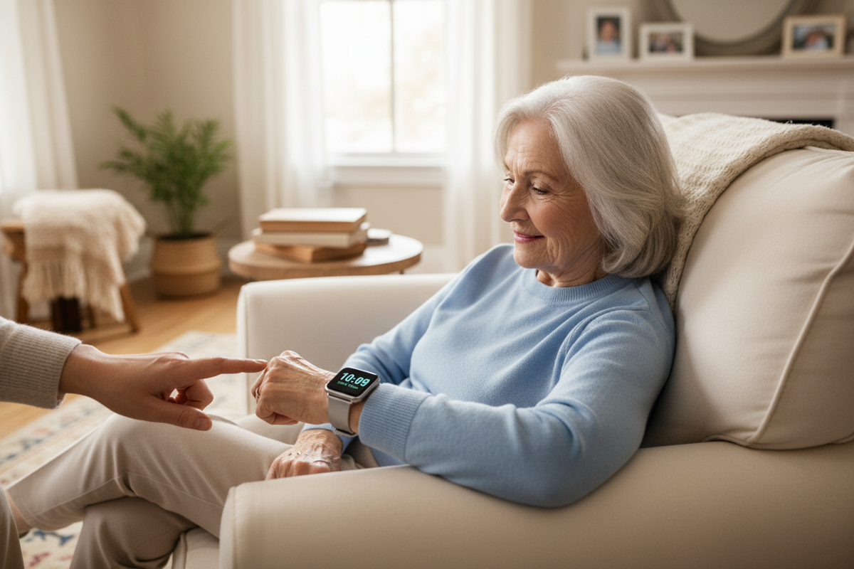 An elderly woman sitting at home wearing a smartwatch on her wrist, representing how fall detection, SOS alerts, and GPS tracking in senior-friendly wearables provide safety and peace of mind for aging parents living alone
