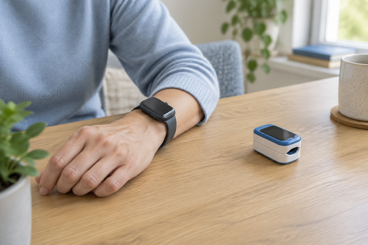 Close-up of a wrist wearing a smartwatch beside a fingertip pulse oximeter on a wooden table in soft natural light.
