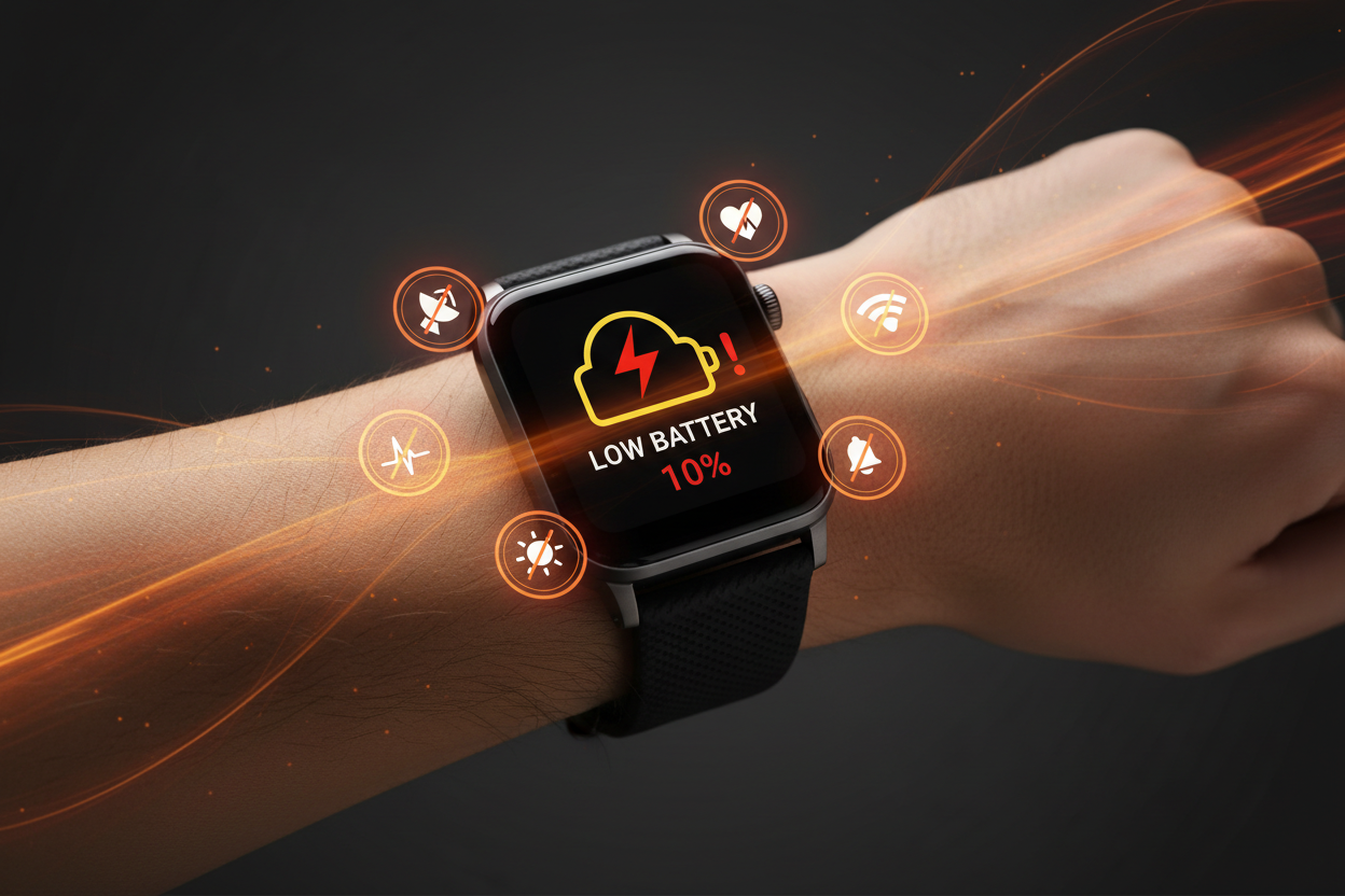 Smartwatch displaying a low battery icon with surrounding feature icons being disabled, illustrating 7 tips to extend wearable battery life