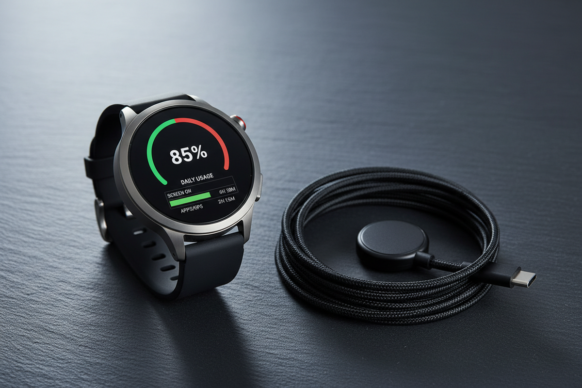 Smartwatch displaying a battery optimization dashboard next to its magnetic charging cable on a dark surface, illustrating practical tips to extend smartwatch battery life and improve charging habits