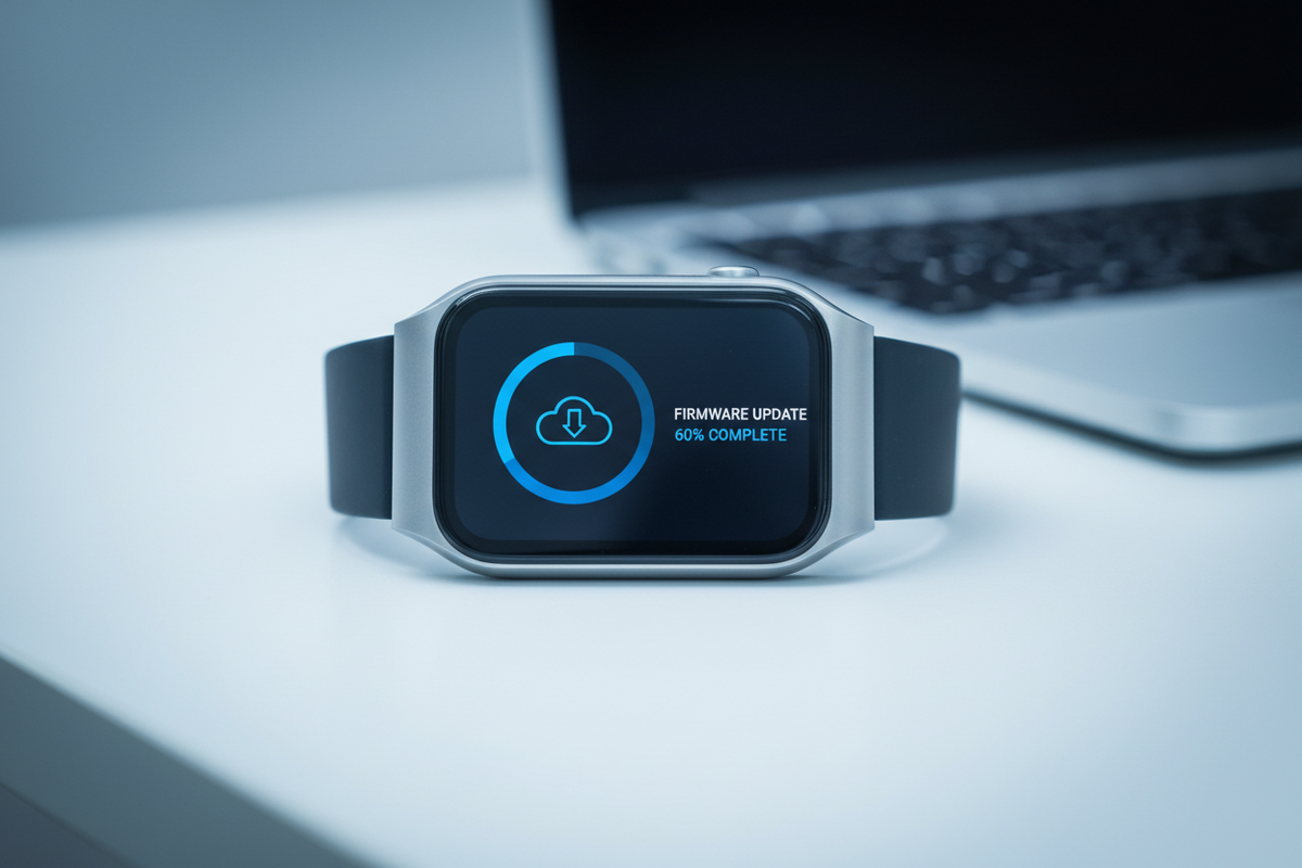 Smartwatch displaying a firmware update progress bar on screen placed on a desk with a laptop in the background, illustrating how to update smartwatch software for better performance and security