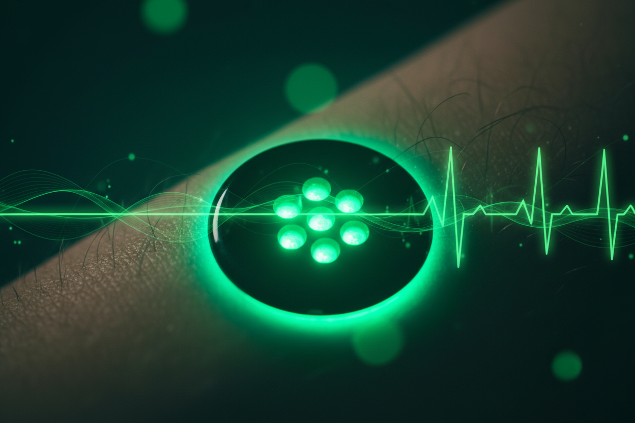 Macro view of a smartwatch green LED sensor against skin, illustrating how PPG technology detects heart rate by measuring light absorbed by blood