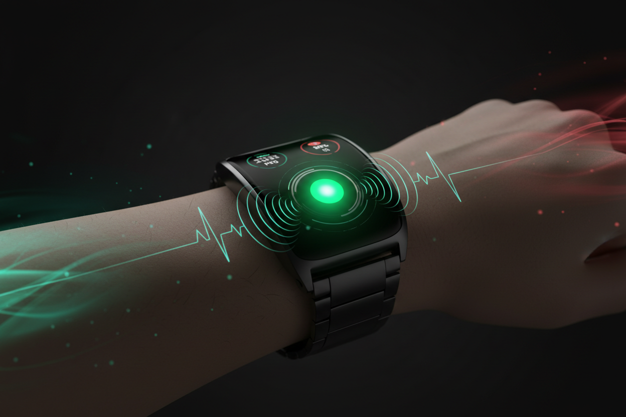 Close-up of a smartwatch with green PPG sensor light on wrist, illustrating how heart rate monitoring works using photoplethysmography technology
