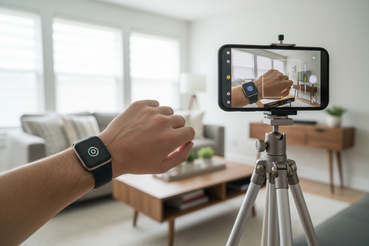 Person using a smartwatch on their wrist to remotely control a smartphone camera on a stand, illustrating how smartwatches can serve as remote controls for phones, music, and smart home devices