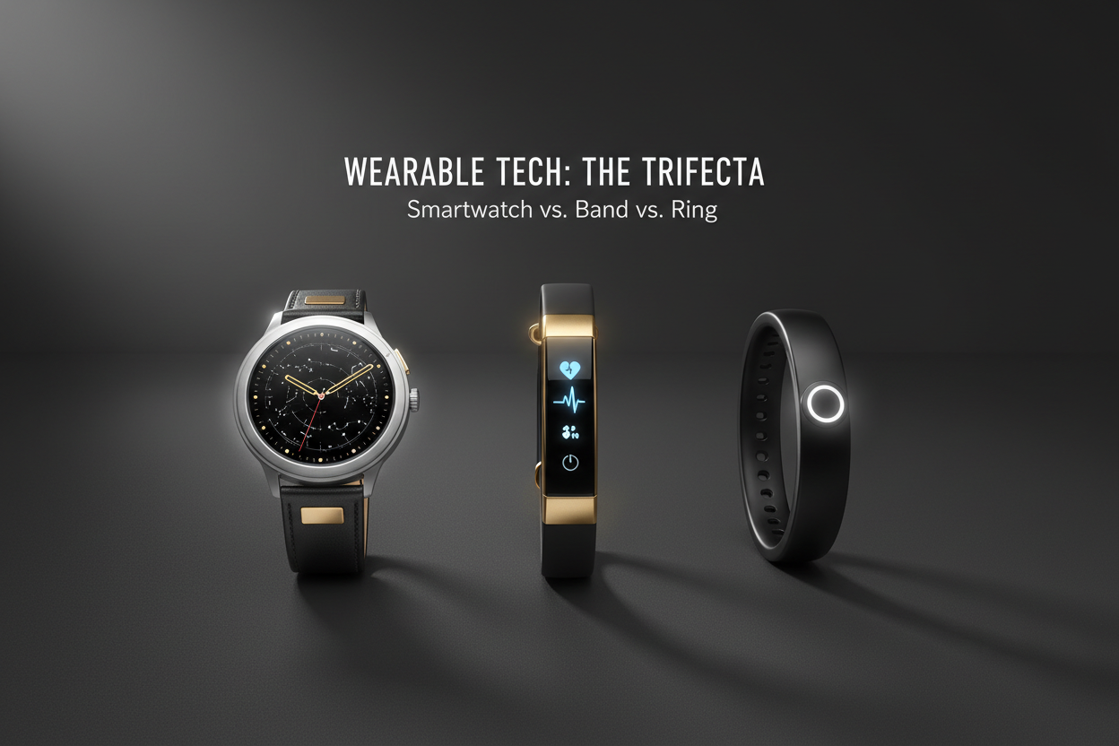 Side-by-side comparison of a smartwatch, fitness band, and smart ring on a dark surface, helping readers choose the right wearable device for their lifestyle
