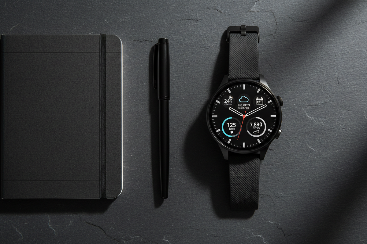 Overhead flat lay of a smartwatch displaying a customized watch face with multiple complications including heart rate, steps, weather and calendar on a dark slate surface, illustrating smartwatch watch face personalization options