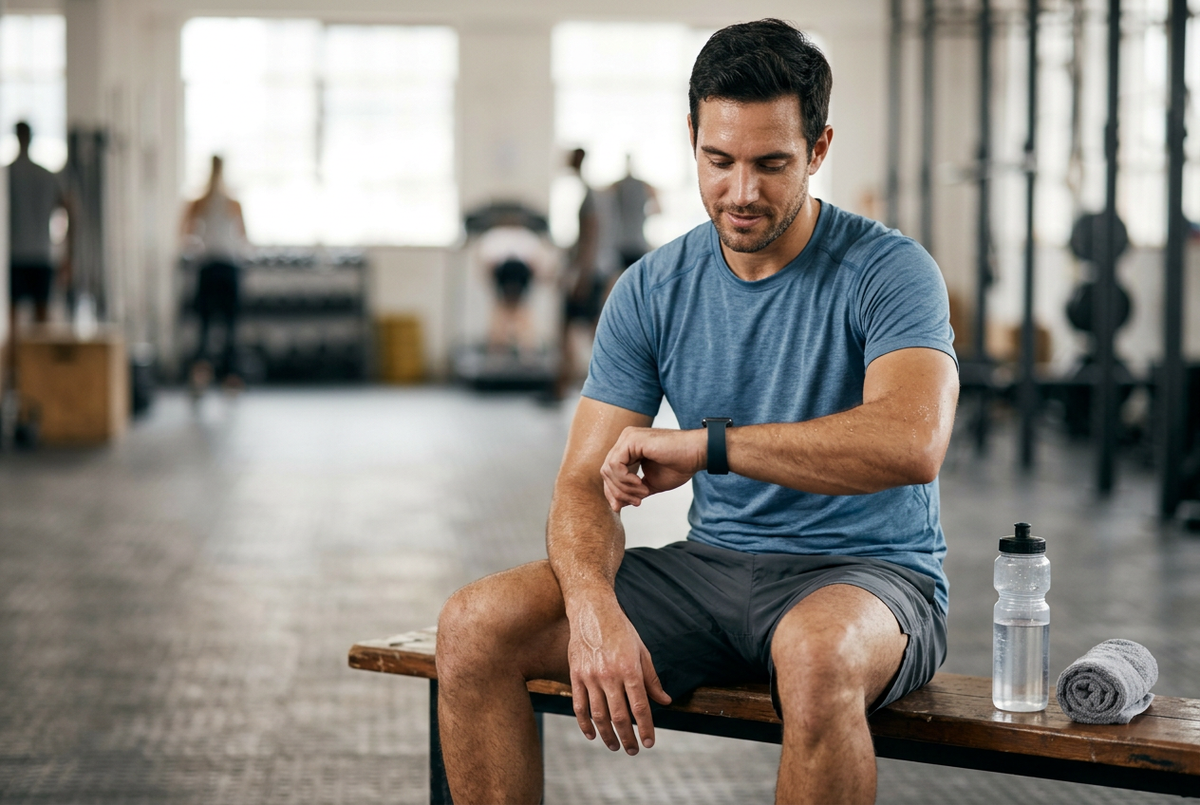 A man checks his smartwatch while sitting on a gym bench after a workout, with a water bottle and towel beside him.