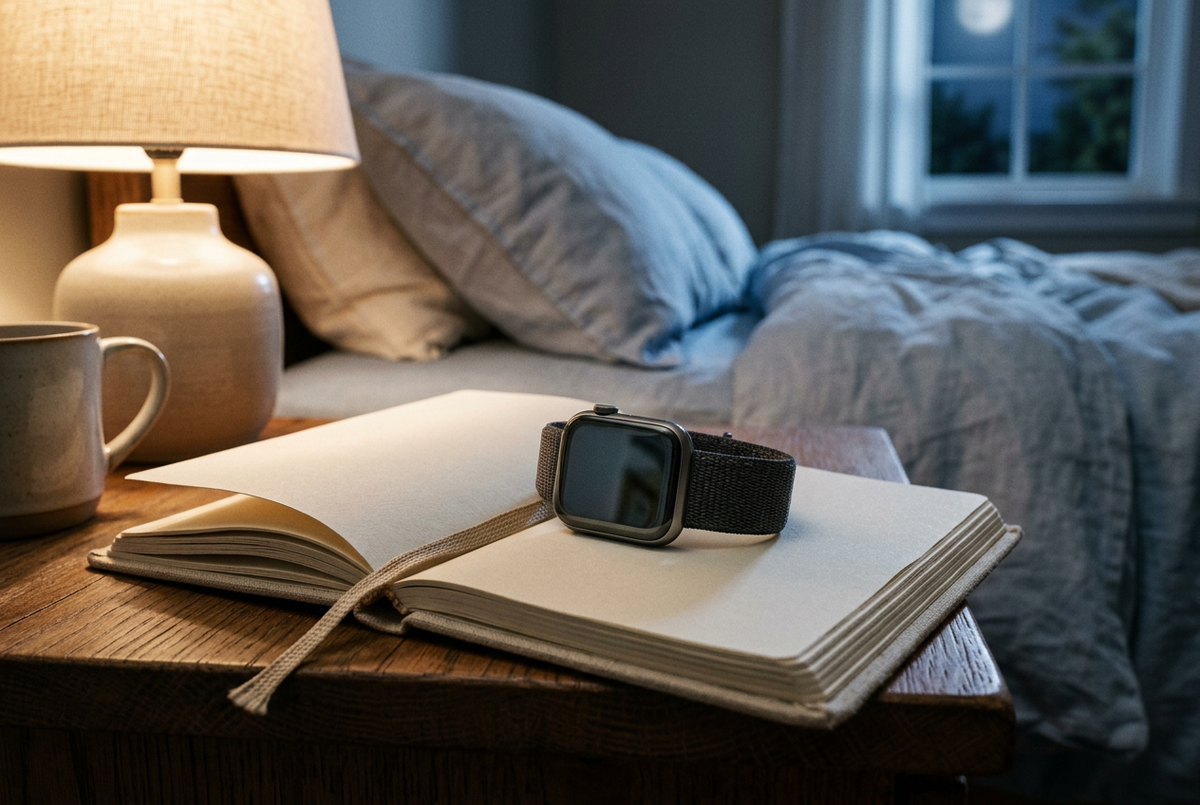 A smartwatch rests on an open sleep journal beside a warm bedside lamp, with pale blue bedding in the background.