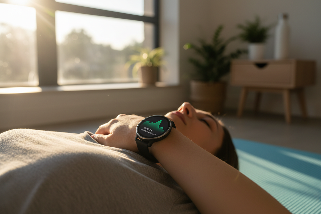 Person lying on a yoga mat with a smartwatch on their wrist displaying an HRV heart rate variability graph, illustrating how wearables track stress recovery and nervous system balance through HRV monitoring