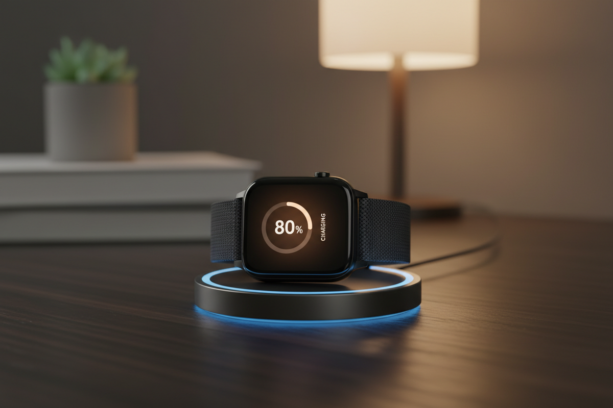Aolon smartwatch charging on a magnetic wireless pad showing battery percentage on screen, illustrating smartwatch battery life tips and charging best practices