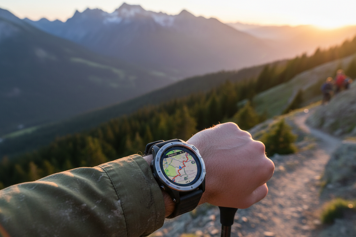 Hiker wearing a smartwatch displaying a live GPS route map on a mountain trail overlook at golden hour, illustrating how to use smartwatch GPS tracking for outdoor activities like hiking and running
