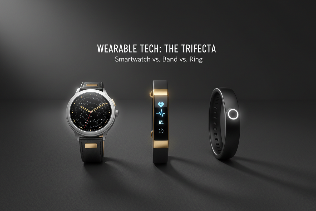 Side-by-side comparison of a smartwatch, fitness band, and smart ring on a dark surface, helping readers choose the right wearable device for their lifestyle