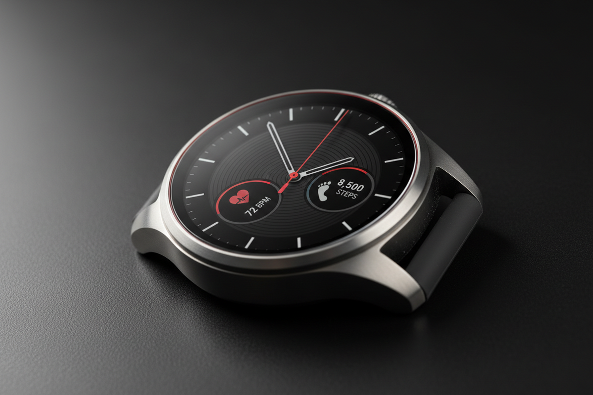 Close-up of a premium Aolon smartwatch displaying a customized watch face with analog hands and fitness complications including heart rate and step count on a dark surface