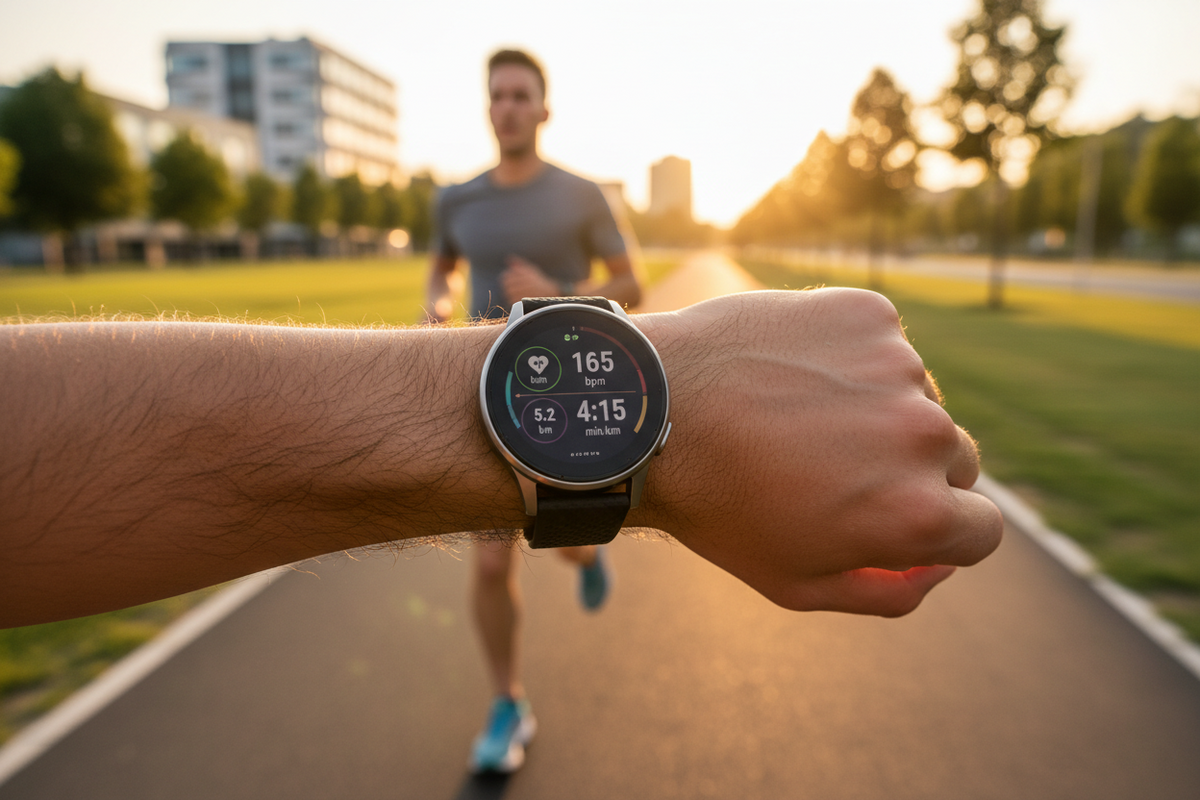 Aolon smartwatch on a runner's wrist displaying real-time workout stats including heart rate and distance during an outdoor run, illustrating GPS fitness tracking capabilities